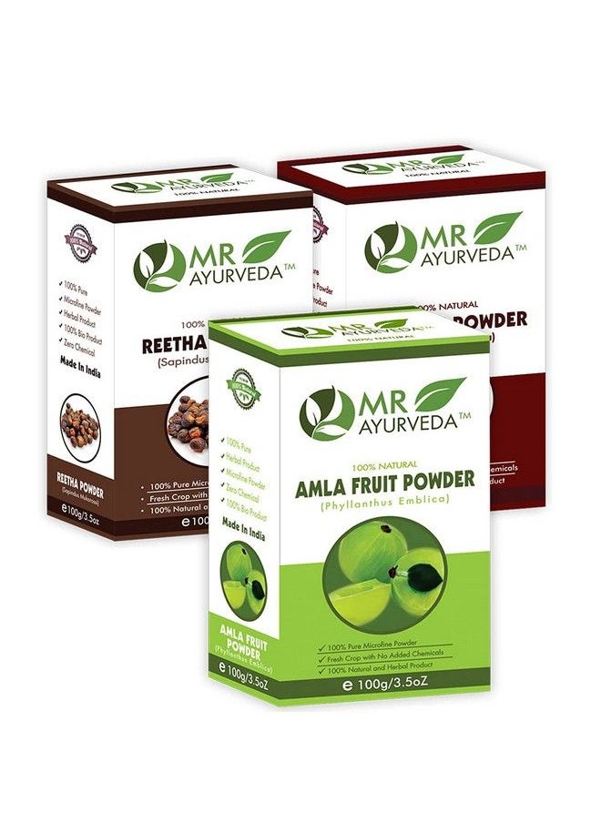 MR Ayurveda مسحوق أملا ريثا شيكاكاي العضوي بنسبة 100%؛ مسحوق أملا ريثا شيكاكاي للشعر؛ مجموعة للعناية بالشعر الطبيعي مكونة من 3 قطع (100 جرام لكل قطعة)  - Image 1