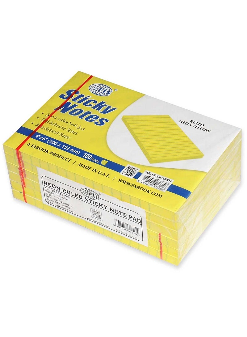 FIS Sticky Note Pad, 4X6 inches, Pack of 6, Ruled Neon Yellow -FSPO4X6RNYL - Image 1