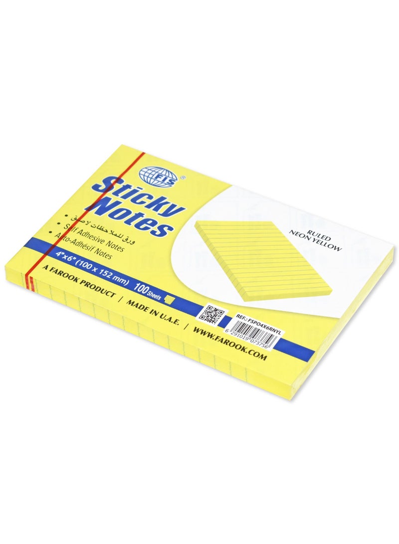 FIS Sticky Note Pad, 4X6 inches, Pack of 6, Ruled Neon Yellow -FSPO4X6RNYL - Image 3