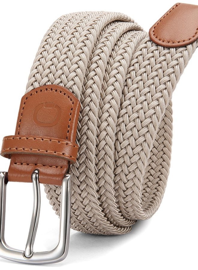 CHAOREN Mens Belt - Braided Stretch Golf Belt for Men 1 3/8"- Gift for Golf Pants Casual Shorts Jeans, Silver / Beige, 30"-34" Waist Adjustable - Image 1