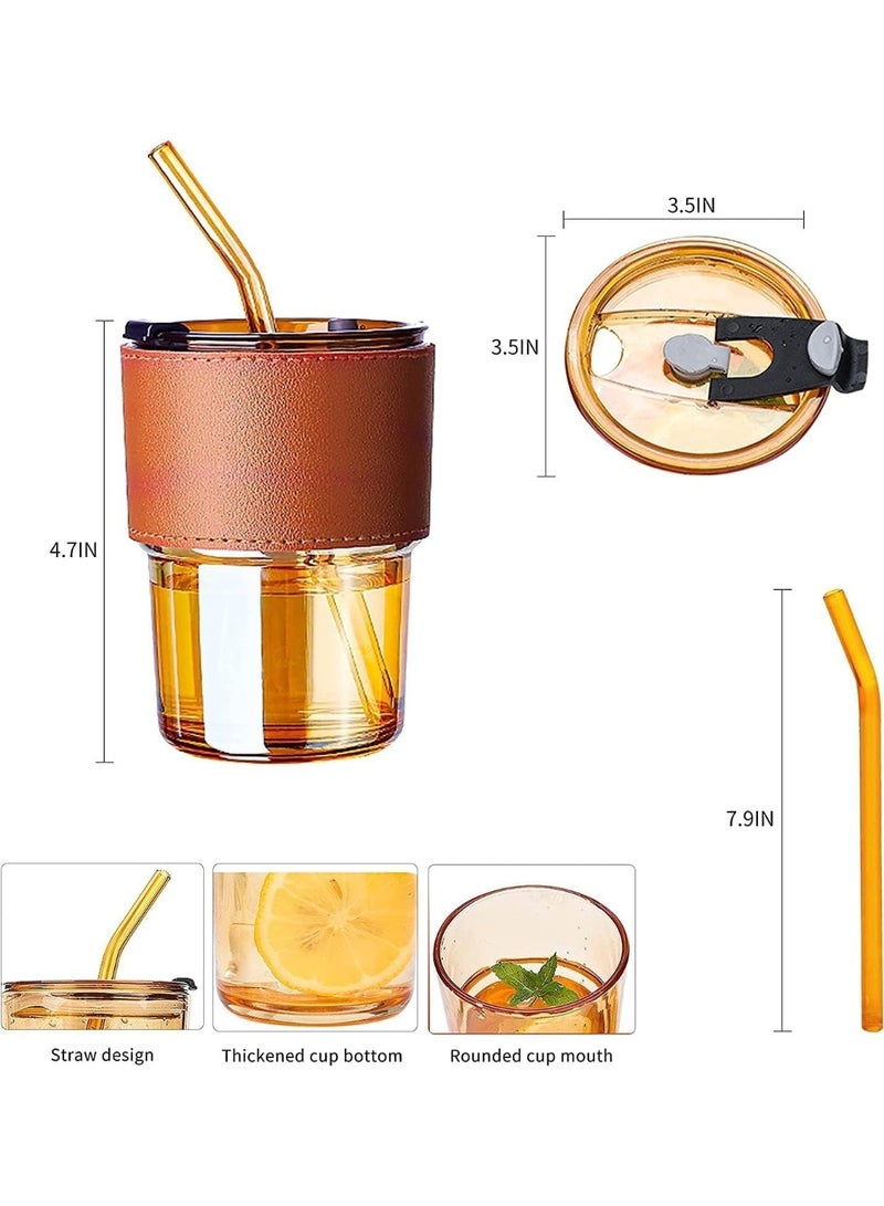 Glass Tumbler With Silicone Straw and Lid 360 ml, Cup With Leather Sleeve, Coffee Mug for Straw and Direct Drinking Mouth Dual Use, Summer Travel Essential Bottle (Amber)  - Image 2
