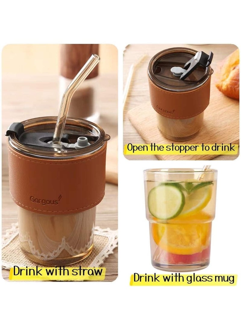 Glass Tumbler With Silicone Straw and Lid 360 ml, Cup With Leather Sleeve, Coffee Mug for Straw and Direct Drinking Mouth Dual Use, Summer Travel Essential Bottle (Amber)  - Image 4