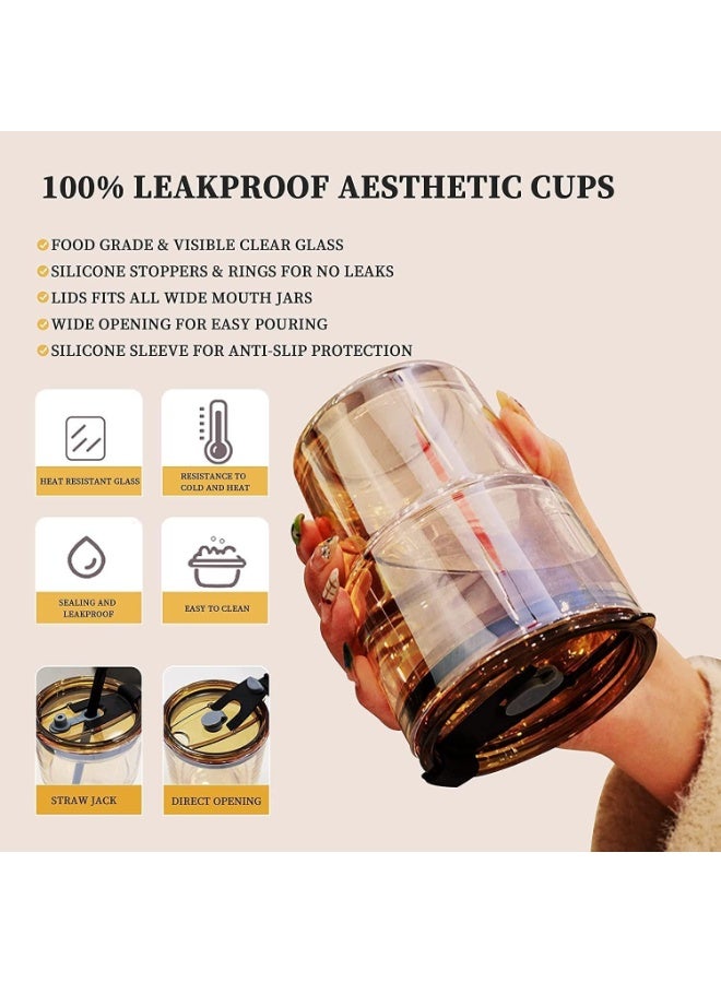 Glass Tumbler With Silicone Straw and Lid 360 ml, Cup With Leather Sleeve, Coffee Mug for Straw and Direct Drinking Mouth Dual Use, Summer Travel Essential Bottle (Amber)  - Image 5