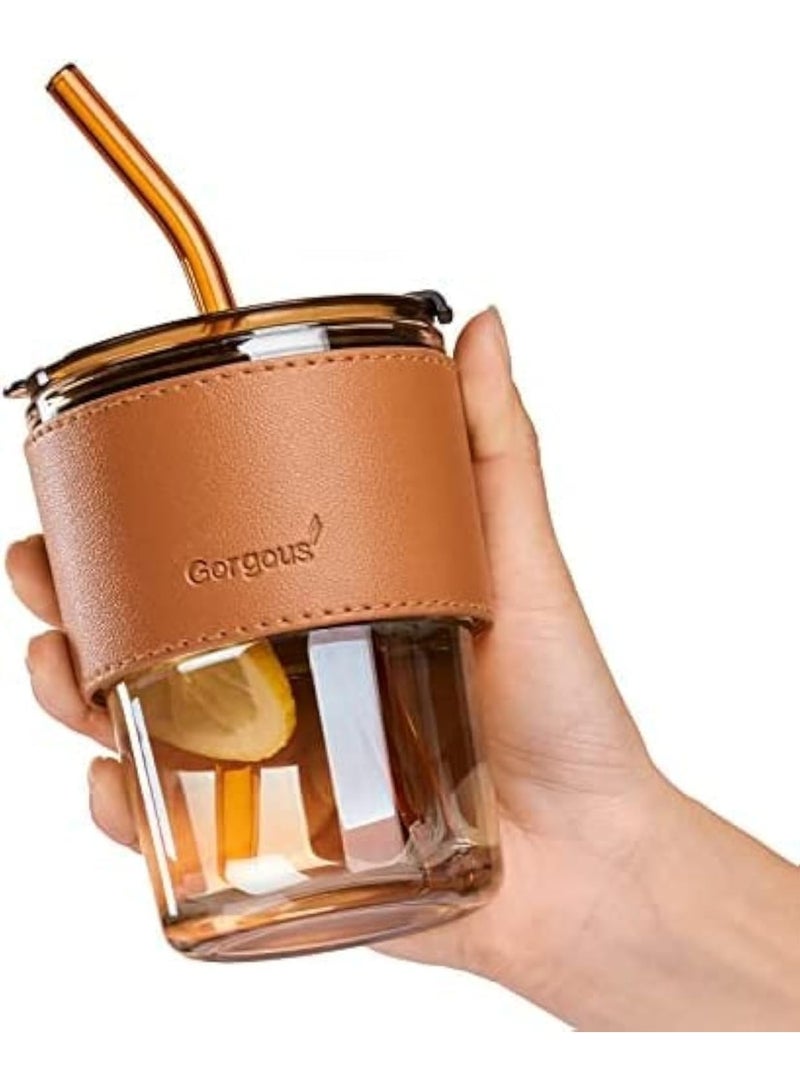 Glass Tumbler With Silicone Straw and Lid 360 ml, Cup With Leather Sleeve, Coffee Mug for Straw and Direct Drinking Mouth Dual Use, Summer Travel Essential Bottle (Amber)  - Image 1