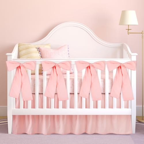 SmoothNovelty Pink Crib Bed Skirts with 4 Large Cot Bow 28 x 52 Baby Crib Skirt for Boys Girls Nursery Toddler Bedskirt Dust Ruffle 14 Drop - Image 1