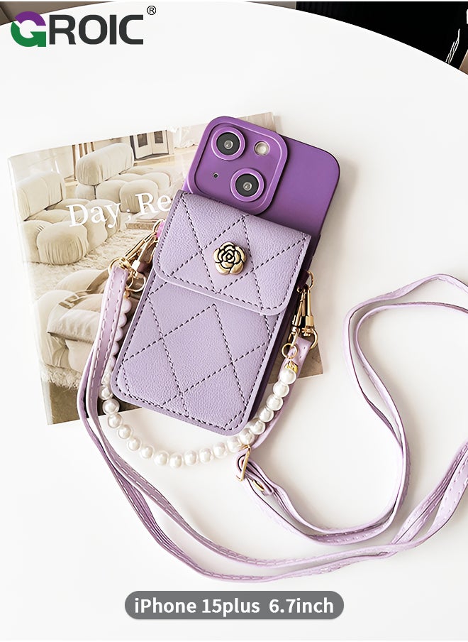 GROIC Compatible for iPhone 15 Plus 6.7 Inch Case with Credit Card Holder Crossbody Wallet, Leather Luxury Flip Protective Phone Case with Card Holder, Removable Fashionable Shoulder & Wristlet Strap  - Image 1