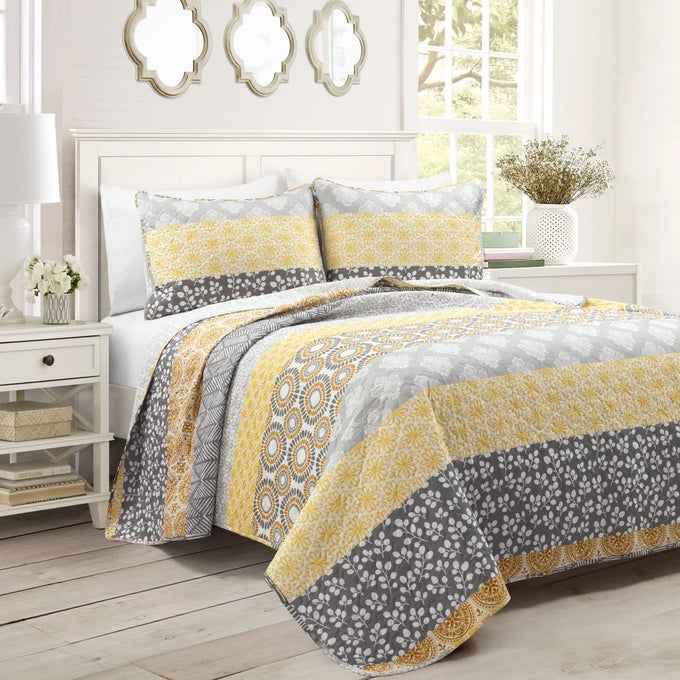 BOHEMIAN STRIPE REVERSIBLE COTTON QUILT SET 3 PIECE SET FULL QUEEN YELLOW GRAY BOHO BEDDING SET BOLD COLORFUL STRIPED QUILT MAXIMALIST BOHO BEDROOM DECOR
