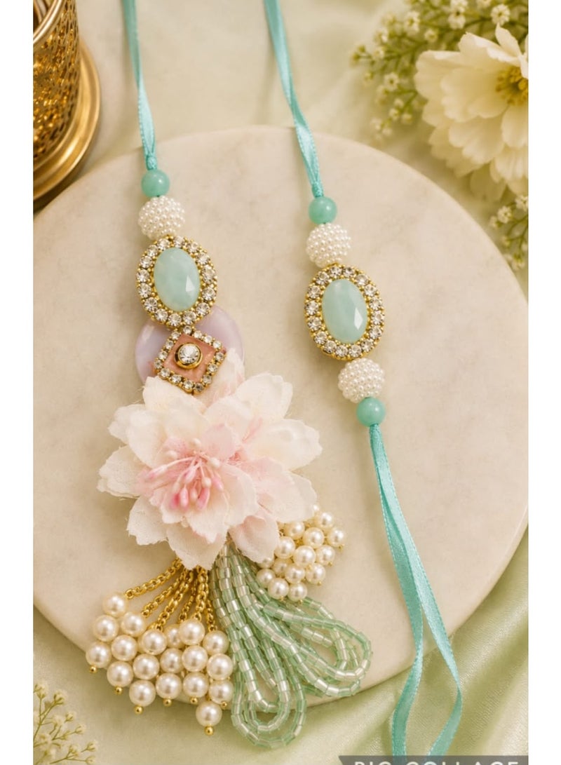 Premium Bhaiya Bhabhi Rakhi Set with Faux Pearls & Floral Design