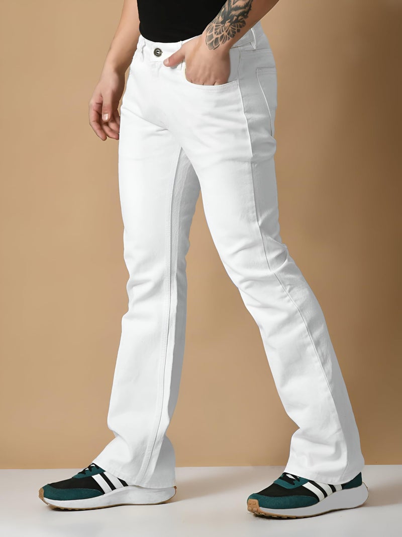 Waltz Men's High Waist Stretchable Boot Cut Wide Leg Flared Casual White Denim Cotton Bell Bottom Jeans Pants for Men, 34 - Image 3
