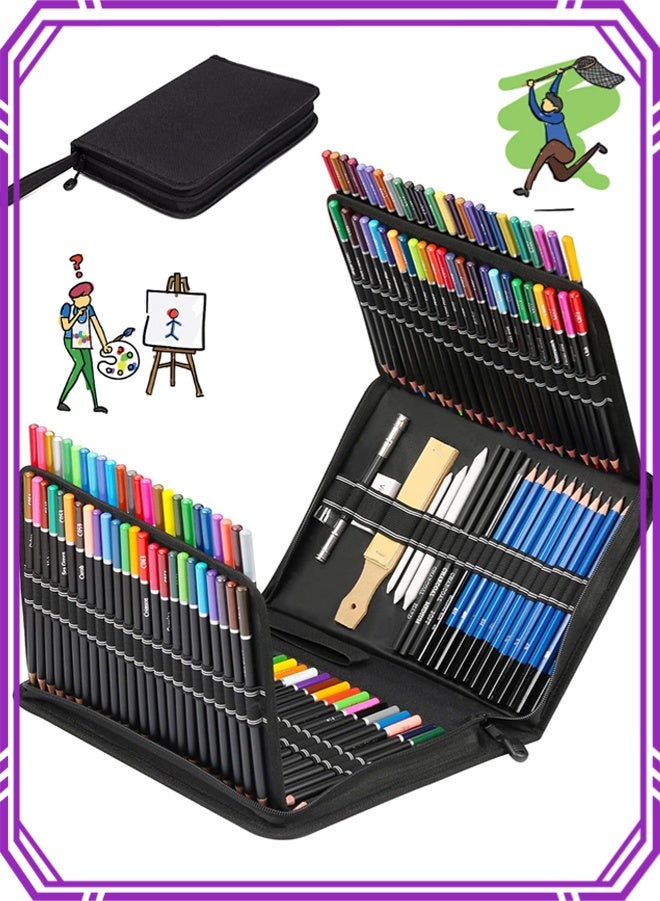 كالور مجموعة تلوين رسم مكونة من 144 قطعة من KALOUR، تتضمن 120 قلم رصاص ملون احترافي ناعم، وأقلام رسم وأقلام فحم،  ومستلزمات رسم فنية للفنانين البالغين والمبتدئين - Image 1