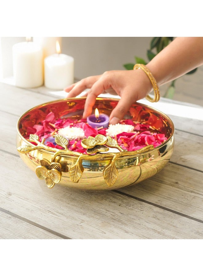 BEHOMA Flower Design 10 Inches Brass Urli Decor Bowl, Indoor Outdoor Golden Center Table Flower Decorative Bowl for Home Decor, Urali for Haldi, Mehndi Wedding, Pooja and Holi Decoration, 1 pc - Image 2