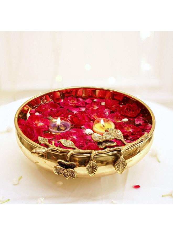 BEHOMA Flower Design 10 Inches Brass Urli Decor Bowl, Indoor Outdoor Golden Center Table Flower Decorative Bowl for Home Decor, Urali for Haldi, Mehndi Wedding, Pooja and Holi Decoration, 1 pc - Image 1