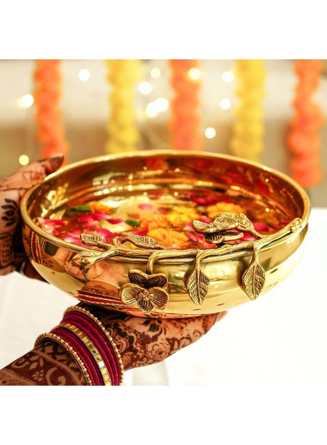 BEHOMA Flower Design 10 Inches Brass Urli Decor Bowl, Indoor Outdoor Golden Center Table Flower Decorative Bowl for Home Decor, Urali for Haldi, Mehndi Wedding, Pooja and Holi Decoration, 1 pc - Image 3