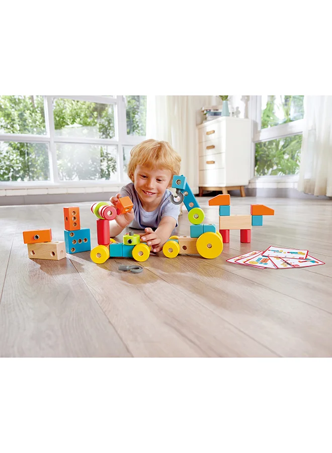 هيب Hape 44pcs Infinite Imagination Building Wooden Blocks, Guide Cards Included, Colorful Blocks, Creative Development, Perfect For Storytelling, Color Recognition, Fine Motor Skills, FSC Certified, 18M+