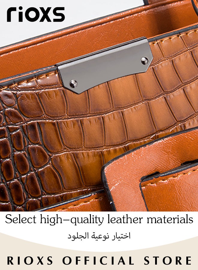 3 pcs Women Fashion Bags Large Capacity Satchel Purses for Women Crocodile Patent Leather Tote Bag and Square Buckle Handbag