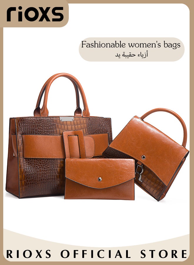 3 pcs Women Fashion Bags Large Capacity Satchel Purses for Women Crocodile Patent Leather Tote Bag and Square Buckle Handbag