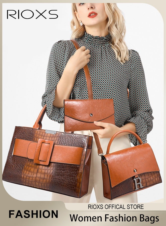 3 pcs Women Fashion Bags Large Capacity Satchel Purses for Women Crocodile Patent Leather Tote Bag and Square Buckle Handbag