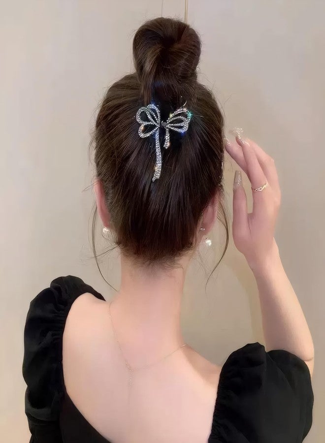 Rannyrena Pearls Tassel Rhinestone Ponytail Claw Clip for Women Crystal Bow Ponytail Bauckle Buns Hair Holder Sparkling Metal Hair Bun Accessories (Dark Grey Bow) - Image 2
