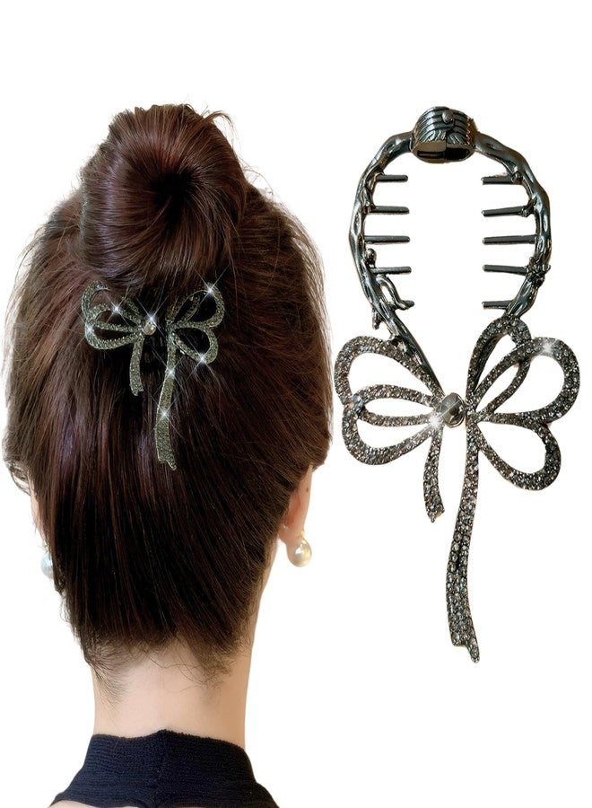 Rannyrena Pearls Tassel Rhinestone Ponytail Claw Clip for Women Crystal Bow Ponytail Bauckle Buns Hair Holder Sparkling Metal Hair Bun Accessories (Dark Grey Bow) - Image 1