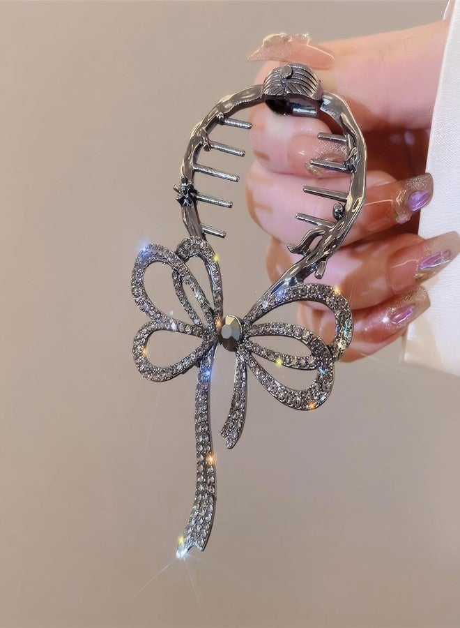 Rannyrena Pearls Tassel Rhinestone Ponytail Claw Clip for Women Crystal Bow Ponytail Bauckle Buns Hair Holder Sparkling Metal Hair Bun Accessories (Dark Grey Bow) - Image 3