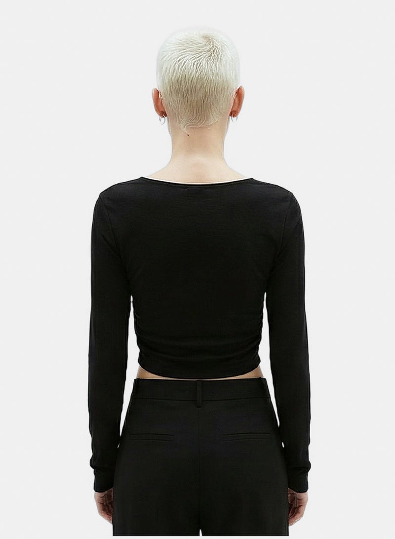 RAVIN Women Black Ruched Cropped Long Sleeve Tee - Image 2