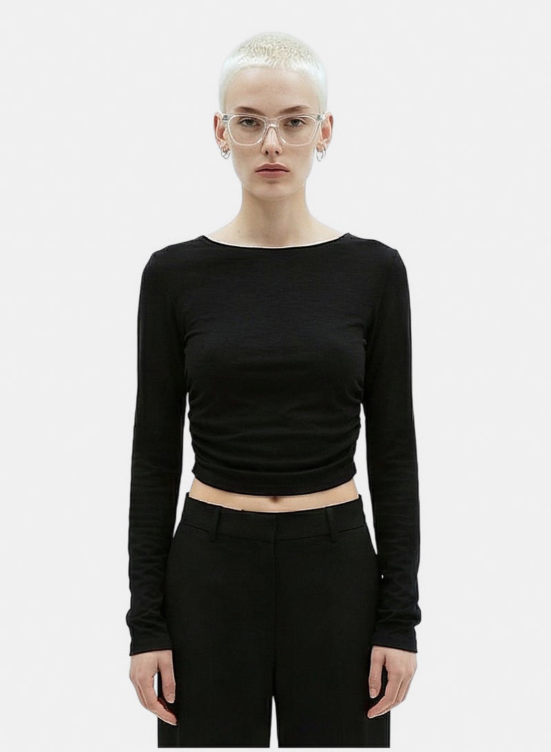 RAVIN Women Black Ruched Cropped Long Sleeve Tee - Image 1
