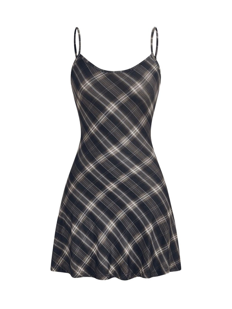 WDIRARA Women's Plaid Spaghetti Strap Cami Dress Sleeveless Flared Hem Mini Dress Black and White Large - Image 1