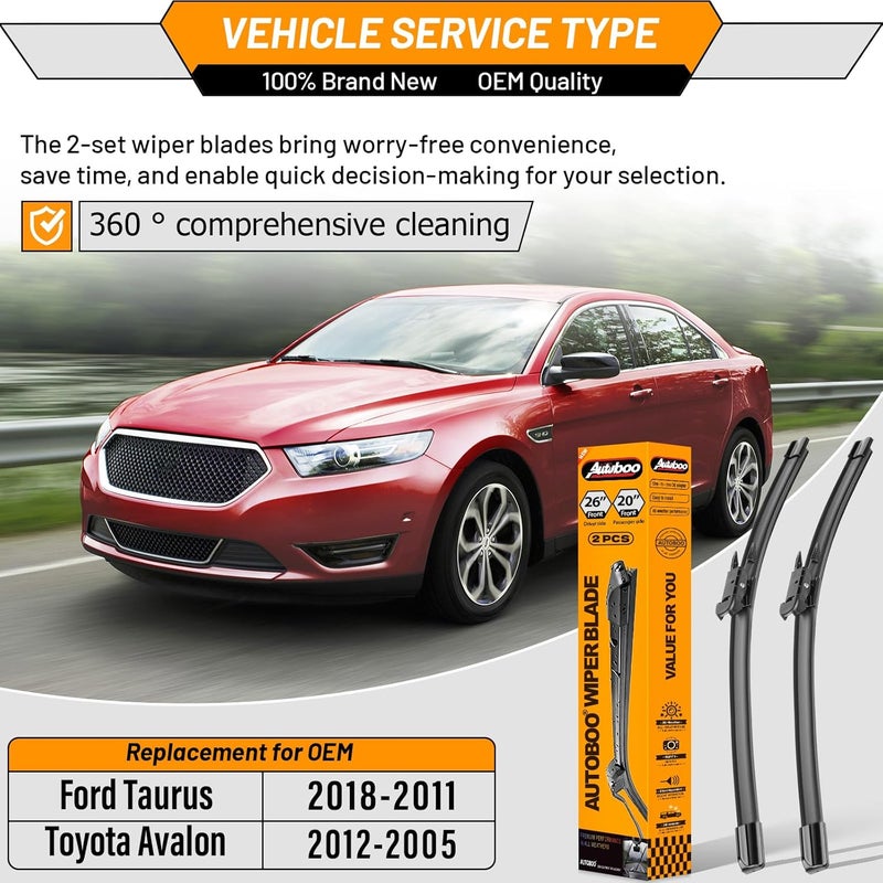 AUTOBOO 26"+20" Windshield Wiper Blade Replacement for Toyota Avalon 2005-2012 Ford Taurus 2011-2018 -Original Factory Quality (Pack of 2) - Image 2