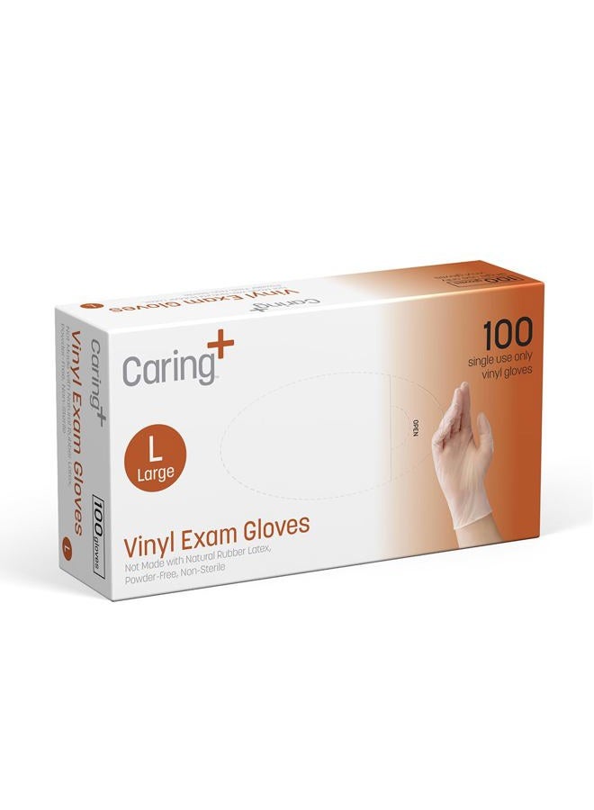 Caring Vinyl Exam Gloves (100ct), Powder Free and Not Made with Natural Rubber Latex, Gloves for Medical Use, First Aid, Food Prep and More, Large - Image 1