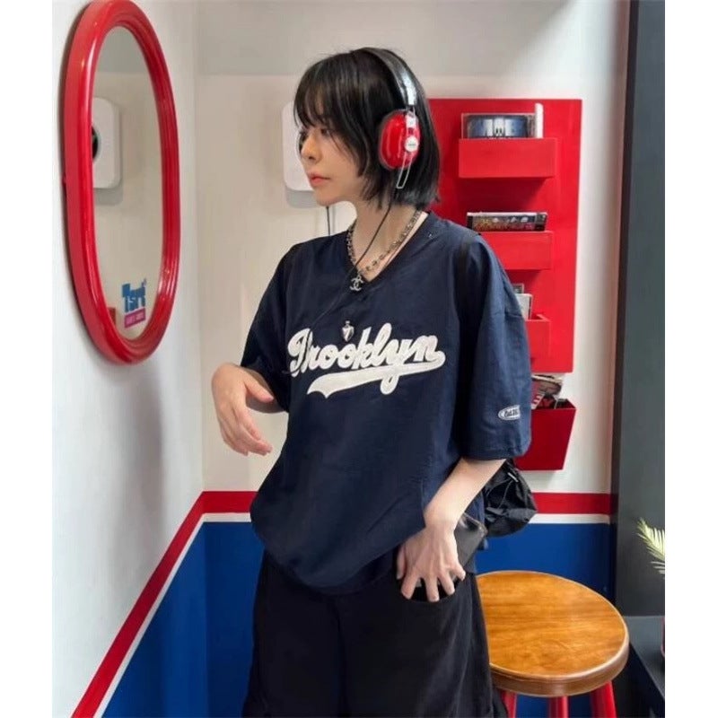 Summer New South Korea Ins Embroidered Letters Sports Retro Jersey Style Short-sleeved Nylon T-shirt Top Cool Navy blue - Image 1