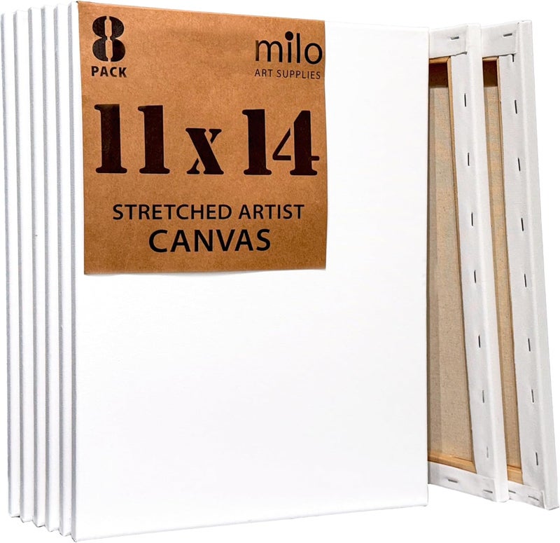 Milo Stretched Artist Canvas | 11x14 inch | Value Pack of 8 Canvases for Painting, Primed & Ready to Paint Art Supplies for Acrylic, Oil, Mixed Wet Media, & Pouring, 100% Cotton with Pine Wood Frame - Image 1