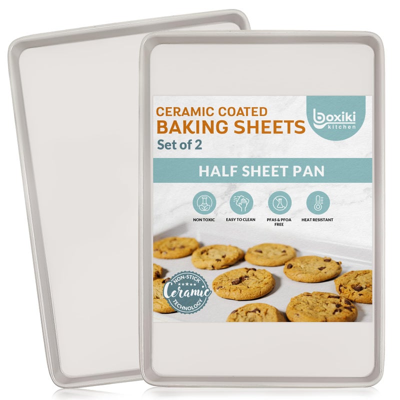 Boxiki Kitchen Nonstick Ceramic Baking SheetCookie Sheet  Set of 2 Durable and Easy to Clean Baking Pans for Kitchen  Dishwasher and Freezer Safe PFASFree Half Sheet Pan