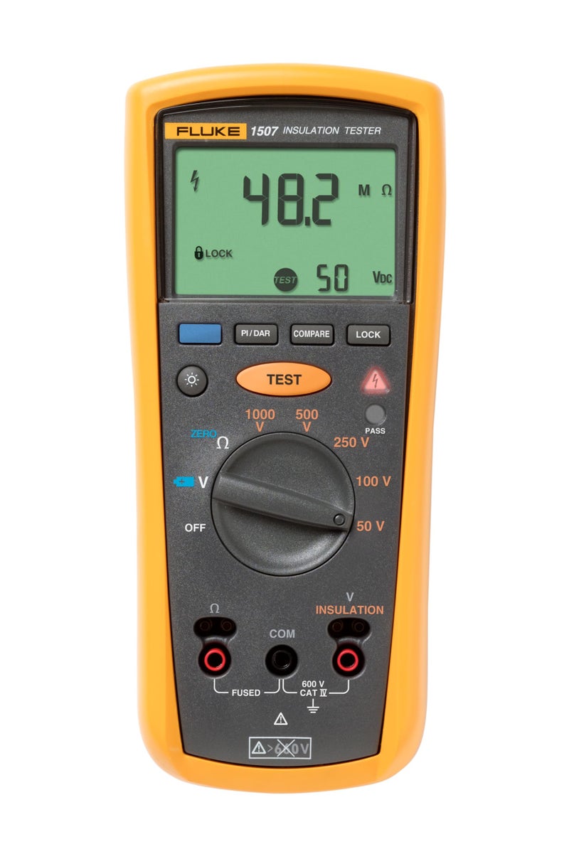 Fluke 1507 Digital Megohmmeter Insulation Resistance Tester, For Advanced Industrial and Electrical Insulation Testing, Offers Multiple Insulation Test Voltages: 50 V, 100 V, 250 V, 500 V, and 1000 V - Image 1