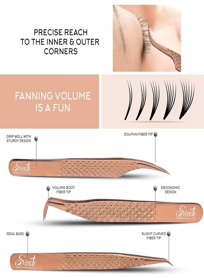 SIVOTE Eyelash Extension Tweezers Fiber Tips, Set of 6, Curved, Dolphin, 90 Degree 45 Degree, Volume Boot & Slight Curved Tweezer, Rose Gold - Image 2