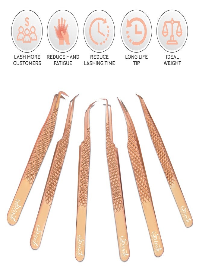 SIVOTE Eyelash Extension Tweezers Fiber Tips, Set of 6, Curved, Dolphin, 90 Degree 45 Degree, Volume Boot & Slight Curved Tweezer, Rose Gold - Image 5