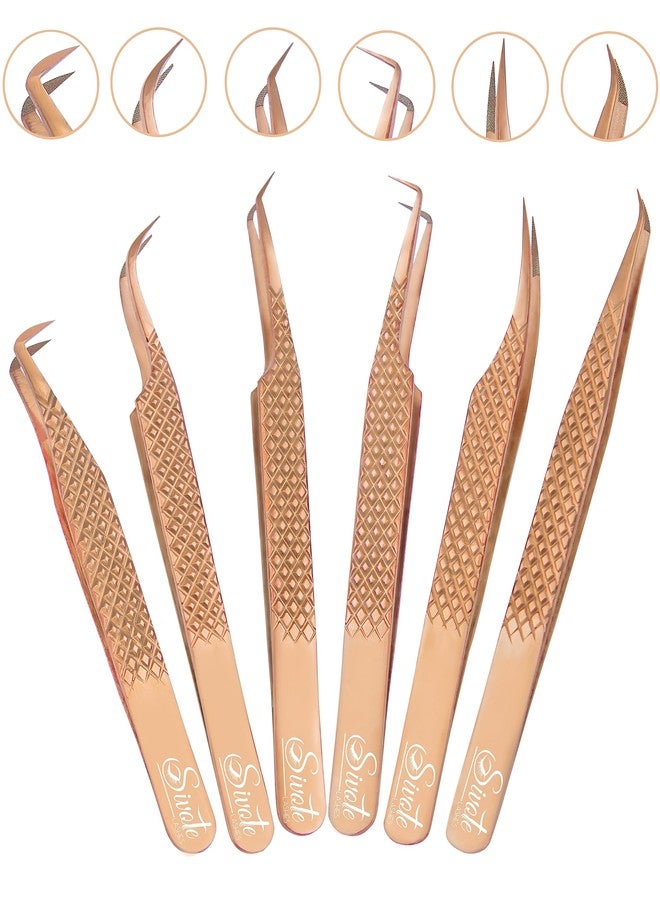SIVOTE Eyelash Extension Tweezers Fiber Tips, Set of 6, Curved, Dolphin, 90 Degree 45 Degree, Volume Boot & Slight Curved Tweezer, Rose Gold - Image 1