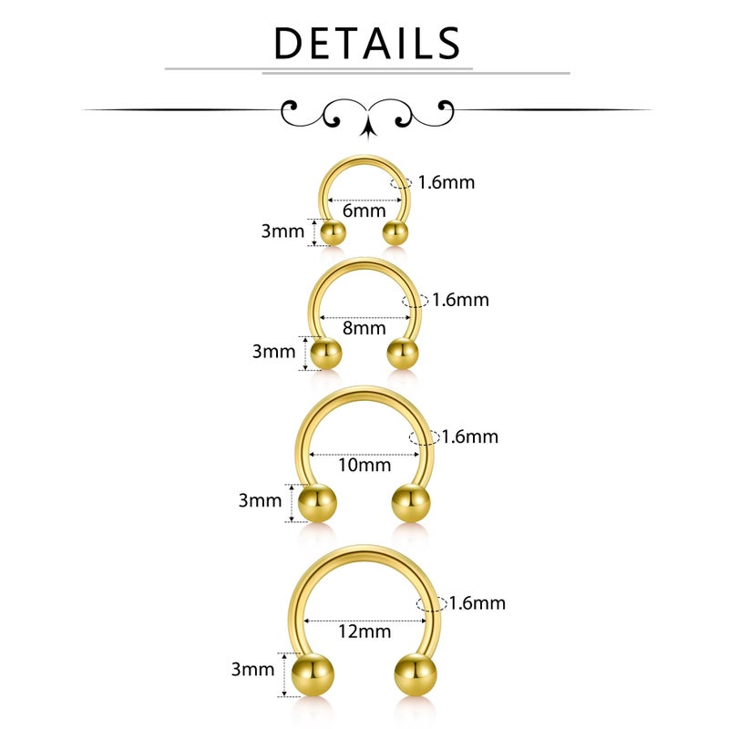 D.Bella 8PCS 16G Stainless Steel Nose Septum Horseshoe Earring Eyebrow Septum Lip Helix Tragus Piercing Ring 6-12mm Gold Piercing Jewelry - Image 3