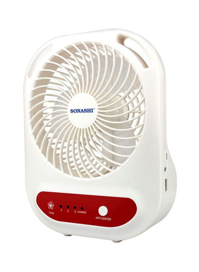 SONASHI 6 Inch Rechargeable Mini Fan With Led Light - 3 Speeds High/Medium/Low | Solar Charge & Power Bank Functions | Continuous Working Of 3 Hours(High), 6 Hours(Mid) & 14 Hours(Low) SRF-607NR Red/White - Image 1
