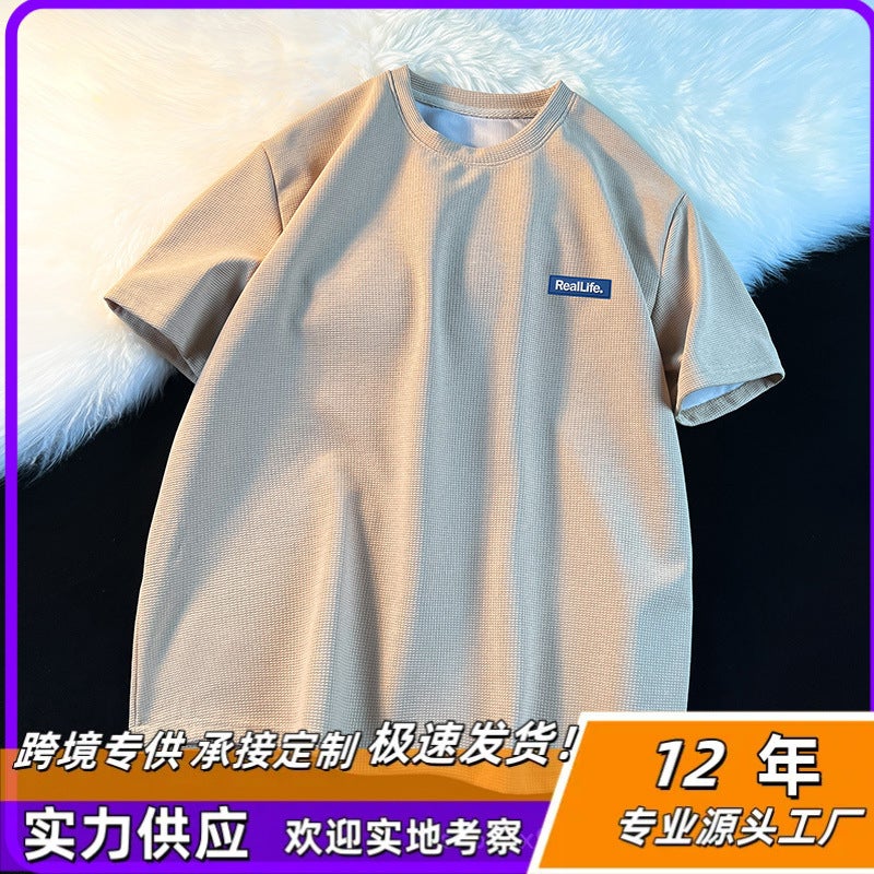 Men'S Short-Sleeved Fashionable Brand Waffles Round Neck Public Short-Sleeved T-Shirt Men'S Fashionable Brand Loose Couple'S Half-Sleeved Break - Image 4