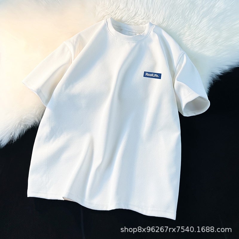 Men'S Short-Sleeved Fashionable Brand Waffles Round Neck Public Short-Sleeved T-Shirt Men'S Fashionable Brand Loose Couple'S Half-Sleeved Break - Image 1