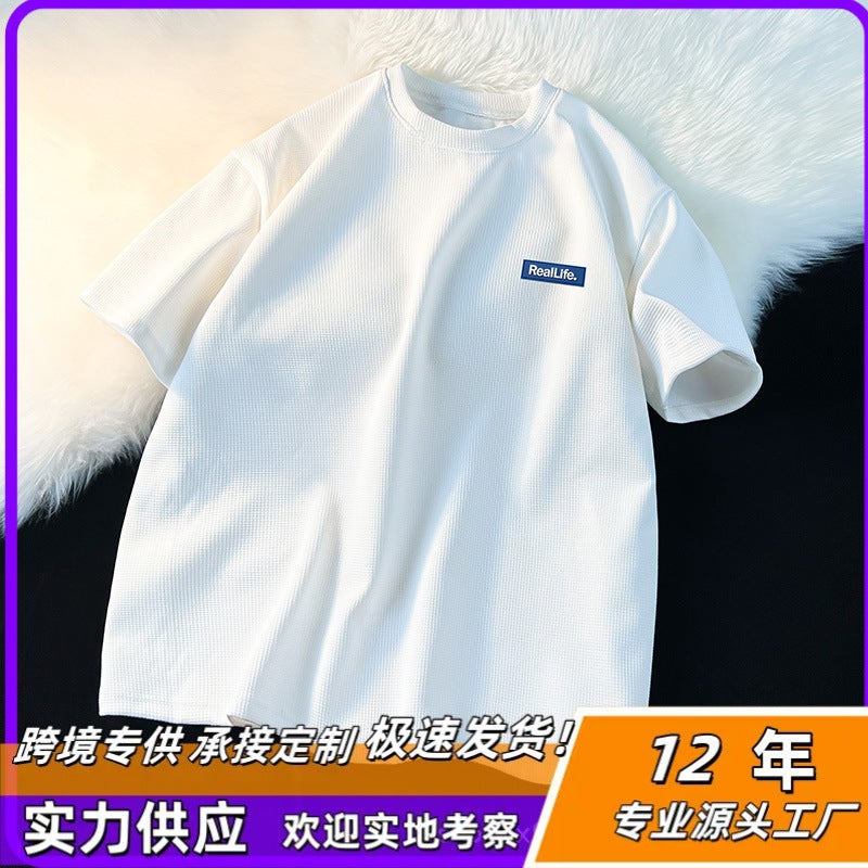 Men'S Short-Sleeved Fashionable Brand Waffles Round Neck Public Short-Sleeved T-Shirt Men'S Fashionable Brand Loose Couple'S Half-Sleeved Break - Image 3