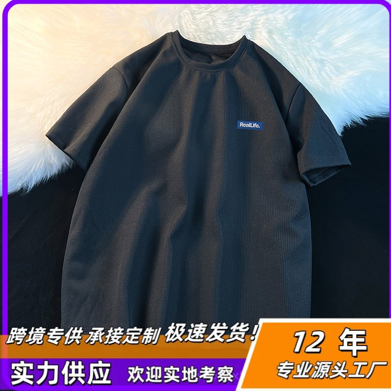 Men'S Short-Sleeved Fashionable Brand Waffles Round Neck Public Short-Sleeved T-Shirt Men'S Fashionable Brand Loose Couple'S Half-Sleeved Break - Image 2