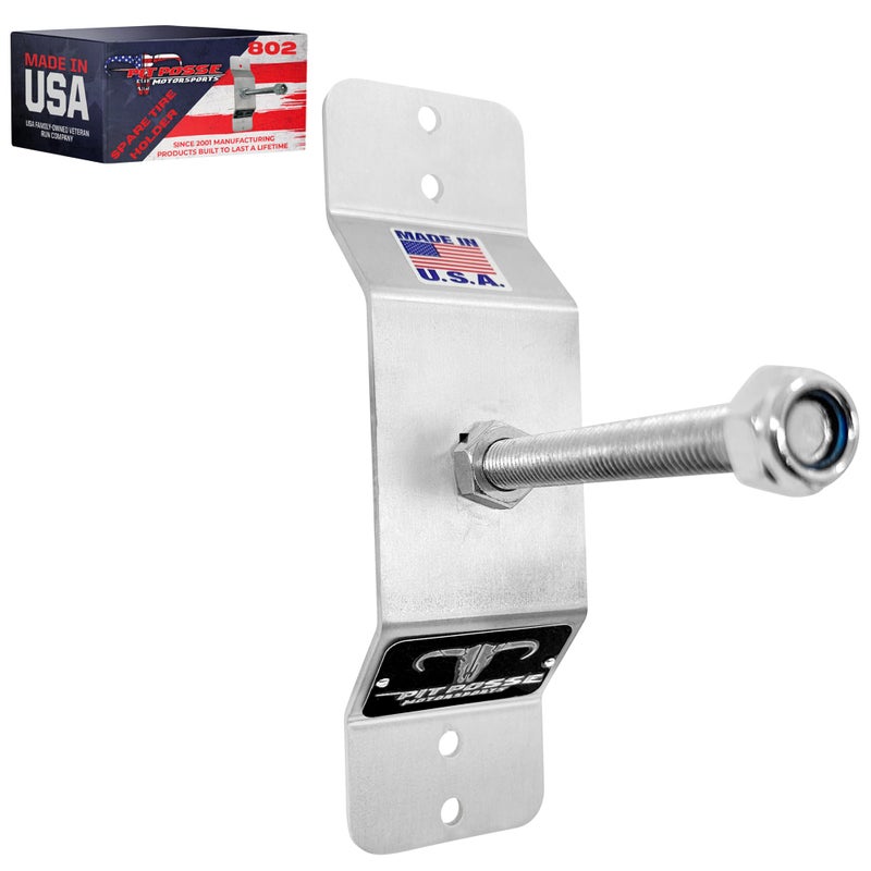 Pit Posse 802 Spare Tire Carrier Wall Mount Bracket for Enclosed Trailer Made in USA Wheel Mounted Aluminum Holder Rack Universal Fit for Utility Cargo Race Trailers Van Truck Storage Organizer