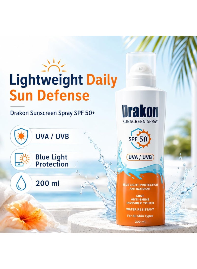 دراكون بخاخ واقي شمس SPF50+ لجميع أنواع البشرة، حماية من أشعة UVA وUVB والضوء الأزرق، مقاوم للماء بلمسة خفيفة غير دهنية، 200 مل - Image 2