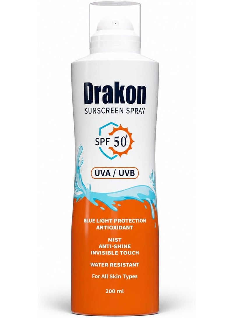 دراكون بخاخ واقي شمس SPF50+ لجميع أنواع البشرة، حماية من أشعة UVA وUVB والضوء الأزرق، مقاوم للماء بلمسة خفيفة غير دهنية، 200 مل - Image 1