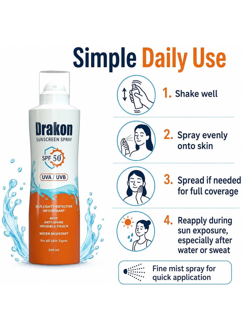 دراكون بخاخ واقي شمس SPF50+ لجميع أنواع البشرة، حماية من أشعة UVA وUVB والضوء الأزرق، مقاوم للماء بلمسة خفيفة غير دهنية، 200 مل - Image 5