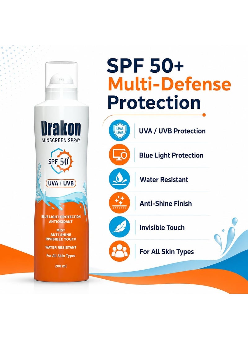 دراكون بخاخ واقي شمس SPF50+ لجميع أنواع البشرة، حماية من أشعة UVA وUVB والضوء الأزرق، مقاوم للماء بلمسة خفيفة غير دهنية، 200 مل - Image 3