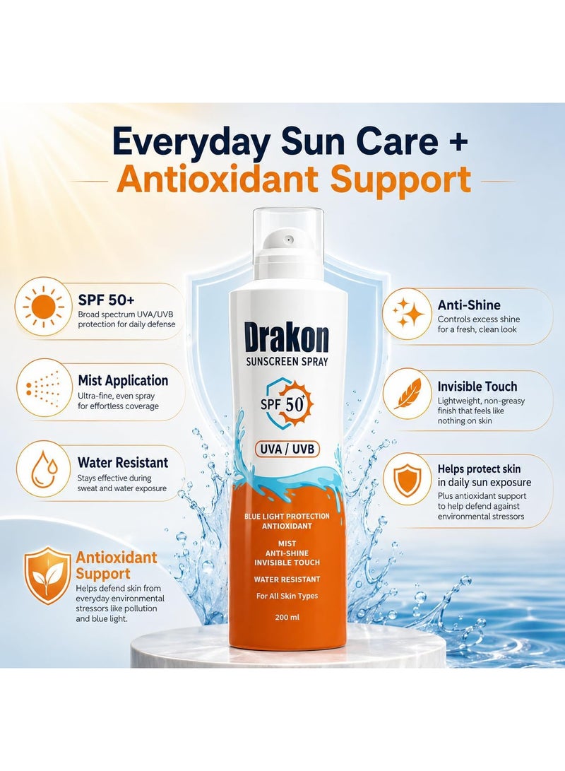 دراكون بخاخ واقي شمس SPF50+ لجميع أنواع البشرة، حماية من أشعة UVA وUVB والضوء الأزرق، مقاوم للماء بلمسة خفيفة غير دهنية، 200 مل - Image 4