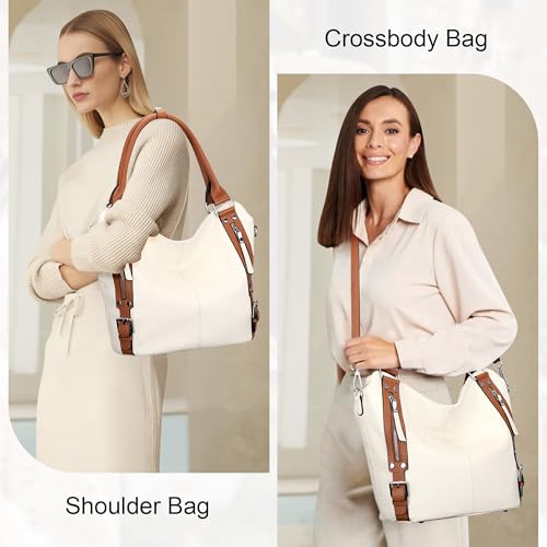 Over Earth Genuine Leather Handbags for Women Hobo Shoulder Bags Ladies Tote Bag(O172E Beige/Brown) - Image 2