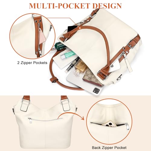 Over Earth Genuine Leather Handbags for Women Hobo Shoulder Bags Ladies Tote Bag(O172E Beige/Brown) - Image 4